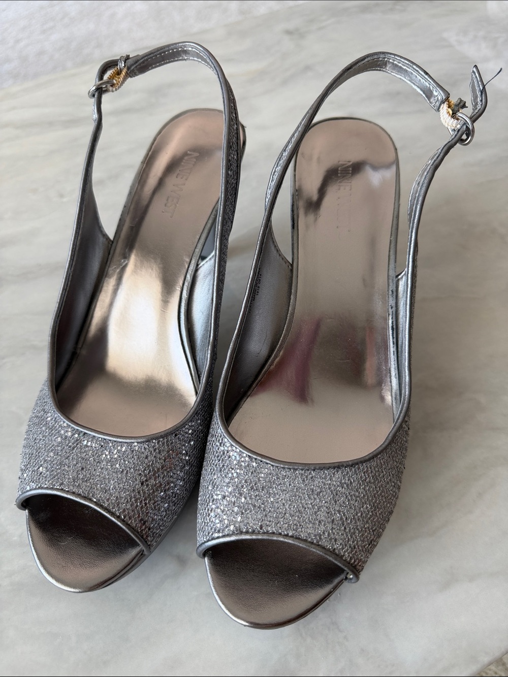 Nine West Silver Sparkle Peep-Toe Slingback Heels